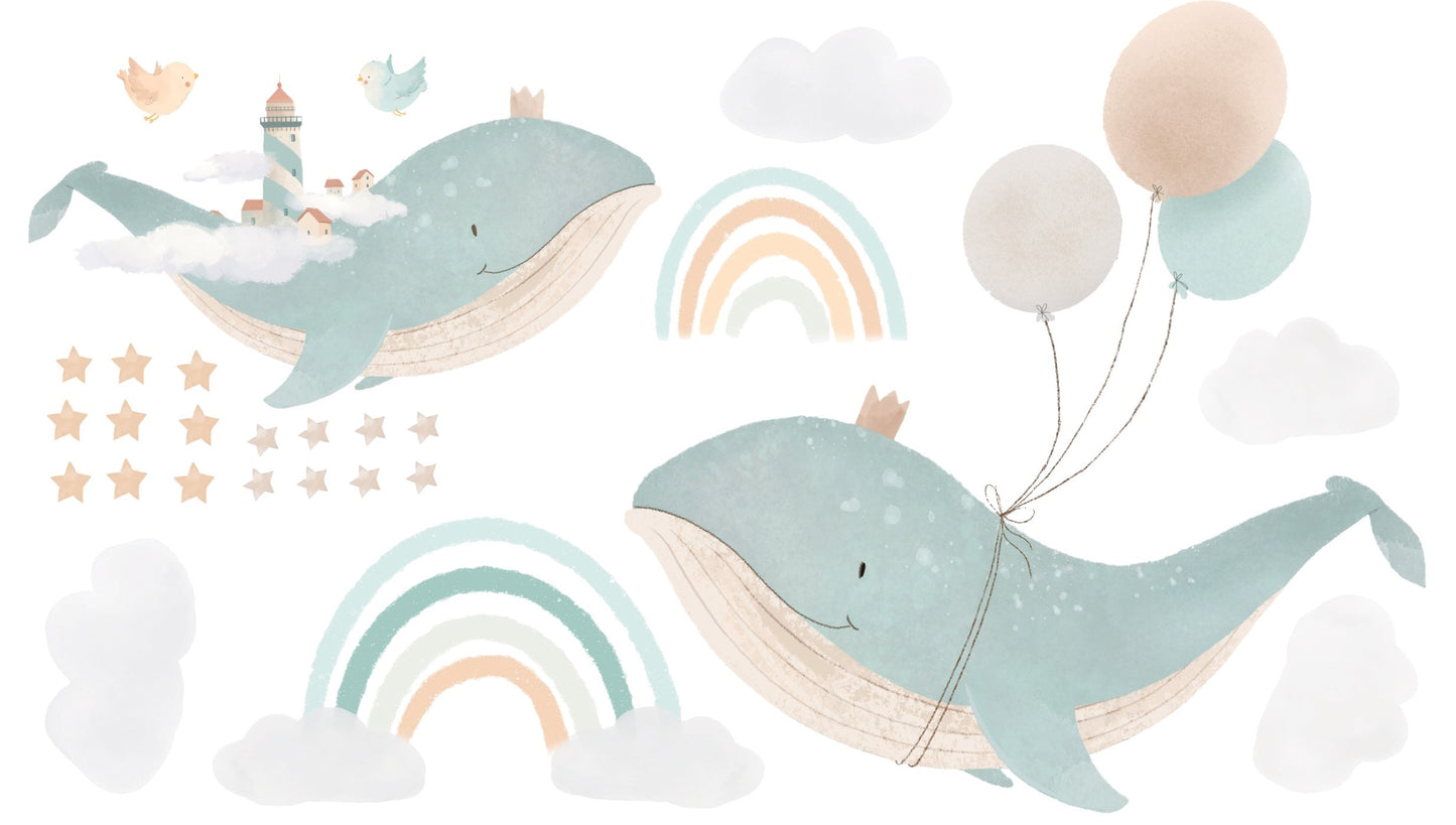 Flying whales, rainbows wall stickers