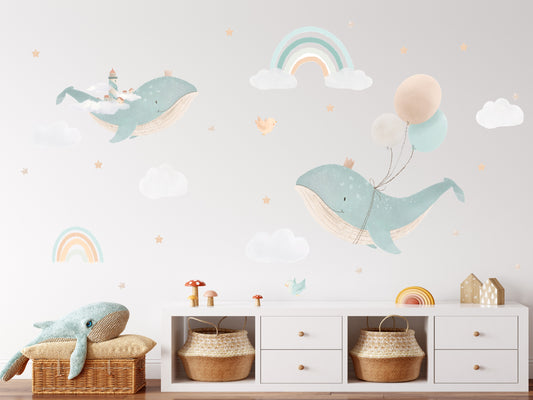 Flying whales, rainbows wall stickers